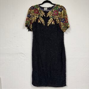 Vintage Stenay Black & Multicolor Beaded Sequined Mini Dress Womens 8 Silk 90s